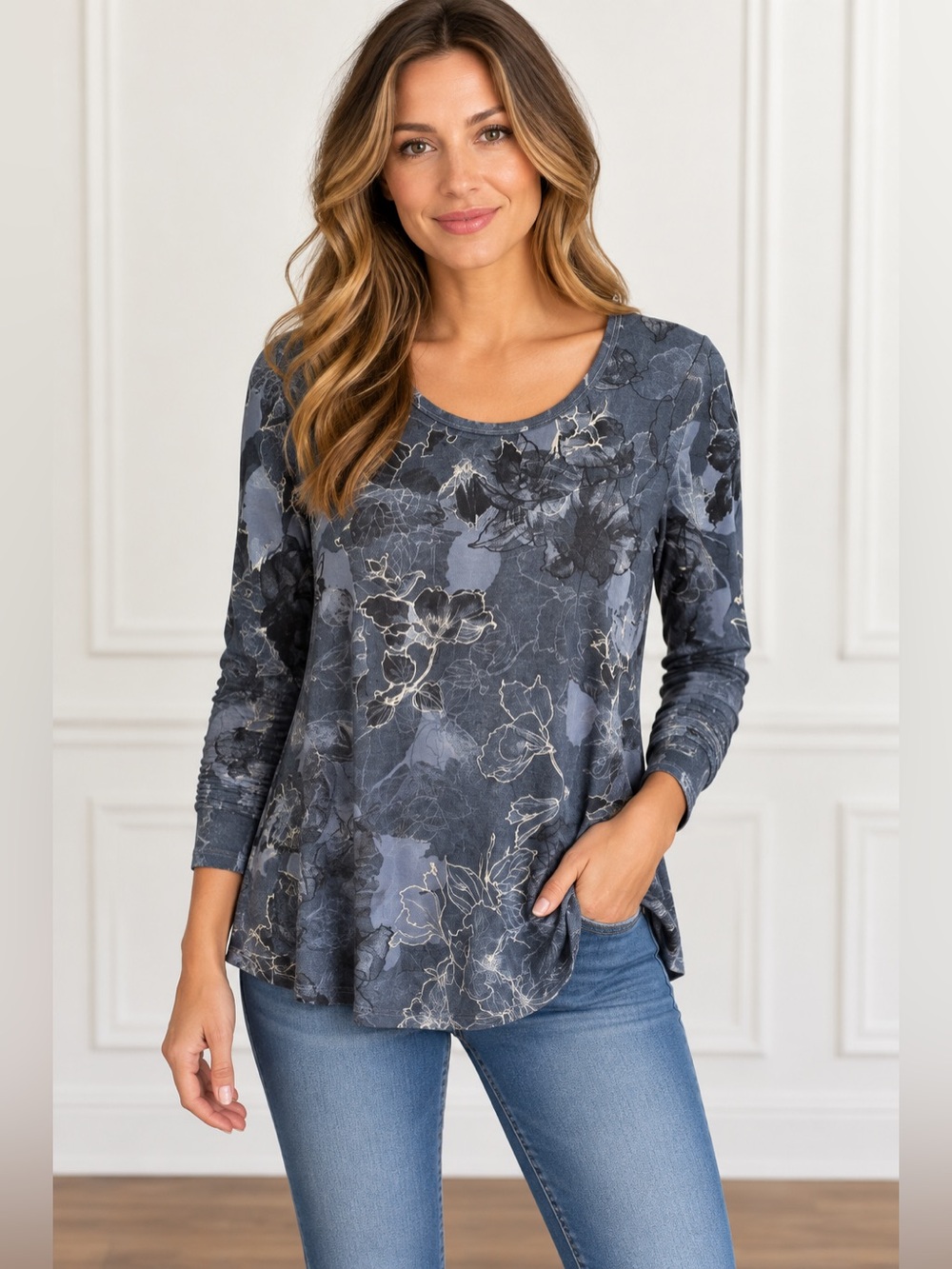 Susan Graver Weekend Printed Cotton Modal Tunic Top XS Blue Floral Pullover Boho